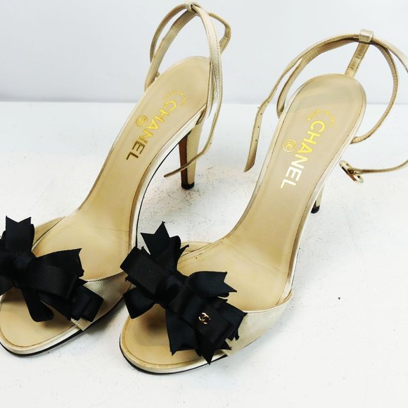 Chanel Cream Stiletto CC Sandals With Black Ribbon Bows